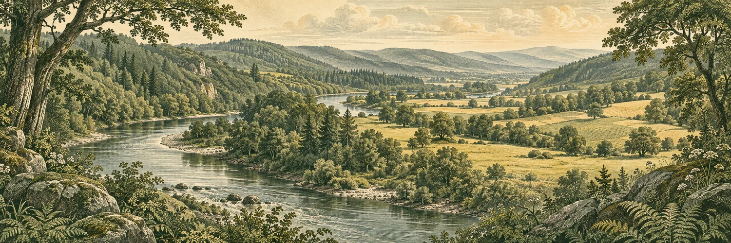 Illustration gravée d’une rivière sinueuse traversant une vallée de forêts, de prairies et de champs, entre des collines boisées.